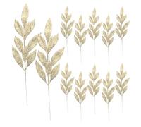 SAFIGLE 12pcs Christmas Glitter Leaves: Xmas Gold Glitter Leaf Stems - Artificial Pick Branches - Festival Tree Picks For Vase & Holiday Arrangement