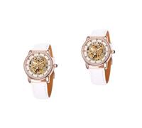 SAFIGLE 2pcs Automatic Mechanical Wristwatch for Women Stainless Steel with Pu Band Rhinestone Decorated Hour Minute Not Waterproof