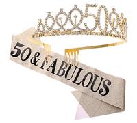 SAFIGLE 2pcs Birthday Crown Set with Letter Printed Etiquette Sash Elegant Hair Band and Belt for Birthday Party Celebration