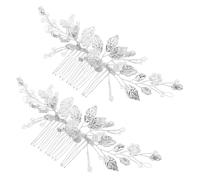 SAFIGLE 2pcs Bridal Hair Combs Silver Leaf Faux Pearls Crystal Wedding Hair Accessories for Women Secure Grip Elegant Sparkly Headpiece for Updos Buns Party