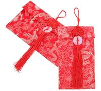 SAFIGLE 2pcs Chinese Traditional Bridal Cloth Red Envelopes with Red Satin Tassel and Jade Pendant, Horizontal Vertical Designs, Festival Money Bags for Wedding and New Year