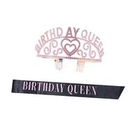 SAFIGLE 2pcs Crown Headband Rhinestone Birthday Party Decorative Sash for Birthday Girl Queen Tiara Headdress