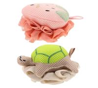SAFIGLE 2PCS Cute Cartoon Shower Loofah Mesh Balls for Women and Soft Exfoliating Bath Sponge Poufs with Rich Lightweight Body Scrubbers for Gentle Cleansing and Quick Drying Strawberry