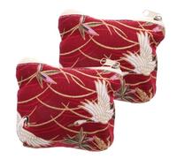 SAFIGLE 2pcs Japanese Vintage Brocade Zippered Coin Purse Portable Cloth Change Pouch with Chic Minimalist Design for Keys Jewelry and Small Items in Red Crane Pattern