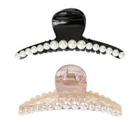 SAFIGLE 2Pcs Pearl Hair Claw Clips for Women Fashion Hairpins and Ponytail Holders Durable Grippers for Thin Thick Hair Easy Travel Accessory White Black