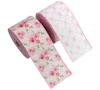 SAFIGLE 2roll Floral Printed Burlap Linen Ribbon 6.3cm Wide, 5 Yards Each, Wired Edge Ribbon for Wrapping and Decorative Uses, for Home Decor and Easter Holiday Wrapping