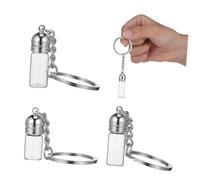 SAFIGLE 3pcs Refillable Glass Perfume Bottles Keychain Set Small Medium Large Mini Travel Size Tiny Jars with Cap Silver Acrylic Lid and Keyring Decoration