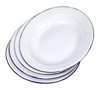 SAFIGLE 4pcs White Enamel Plates Set with Shallow round Design, Multi-functional and Easy to Clean Retro Style Dinnerware for Home and Restaurant Serving Salad, Dessert, and Snacks