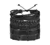 SAFIGLE 5pcs Retro Men’s Adjustable Black Braided Faux Leather Bracelets Set, Creative Handmade Wristbands for Casual Fashion and Personal Style Accessories