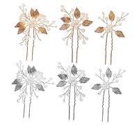 SAFIGLE 6pcs Pearl Hair Forks Rhinestones Leaf Design Wedding Hair Pins for Bride Women Party