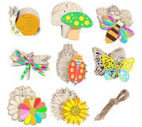 SAFIGLE 80pcs Wooden DIY Chips Assorted Color Plants Shaped Insect Shaped Easy to Paint Can Be Dyed Hemp Ropes Included Craft Supplies