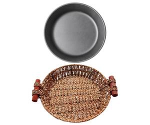 SAFIGLE Cast Iron Round Steak Plate with Wicker Holder, 30cm Nonstick Serving Platter, Fine Workmanship and Sturdy Material, for Kitchen Use and Heat Retaining
