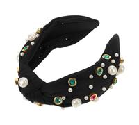SAFIGLE Knotted Headband with Pearls and Rhinestones for Women Lightweight Stable Fabric Hairband with Chic Knot Design Sparkling Embellished Headpiece for Parties Daily Wear Elegant Black