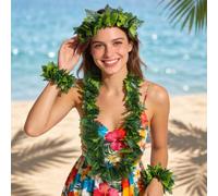 SAFIGLE Summer Beach Party Green Hawaiian Party Garland Set, Artificial Leaves Headband Necklace Bracelet, Tropical Luau Hairband for Beach Festival And Hula Decorations