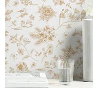 Safiyya Peel and Stick Wallpaper Floral and Birds Contact Paper Gold and White Wall Paper Removable Boho Wallpaper for Bedroom 118"x17.3"