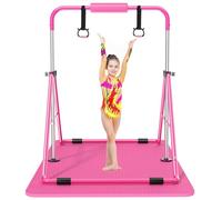 Safly Fun Expandable Gymnastics Bars Junior Training Bar Gymnastic Folding Horizontal Bars with mat for Kids (Pink with Mat)