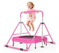 Safly Fun Gymnastics Bar with Trampoline for Kids 3-9, Foldable & Adjustable 35"-51", Supports 140Lbs with Pad, Easy to Assemble, Gymnastics Equipment for Indoor/Outdoor Training