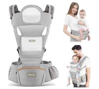 Safotad Baby Carrier with Hip Seat,Ergonomic M Position 6in1 Baby Carrier Newborn to Toddler,Head Support and Breathable Mesh Newborn Carrier,Adjustable Baby Holder Carrier for Dad&Mom-Grey