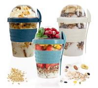 SAFRI 600ml Over Night Oats Container Reusable Yogurt Cups 100% BPA Free Breakfast On The Go Cereal Yogurt Pot with Lids and Spoon (White, Teal Blue & Turquoise Cup)
