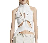 SAFRISIOR Women Sexy Hollow Out Twist Front Knitted Tank Tops Sleeveless High Neck Cut Out Sweater Vest, White, L