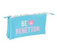 Safta BENETTON UNIQUE - Triple Pencil Case, Children's Pencil Case, Ideal for School Age Children, Comfortable and Versatile, Quality and Resistance, 22 x 3 x 12 cm, Turquoise Blue/Light Pink, M,
