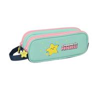 Safta - Double School Pencil Case Mr. Wonderful Star, Pencil Case Organizer with 2 Separate Compartments and Zippers, Side Handle, Star Handles, Mint and Navy Blue, Measures 21 x 6 x 8 cm