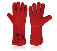 SAFTA Extreme Heat Resistant Gloves, Welding Gloves, Fire Heat Resistant Black 14INCHES, Fireproof Leather For Stick Mig Welder Forge Blacksmith Fireplace Wood Stove Fire. (Red Black) (Red)