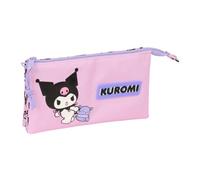 Safta - Kuromi Triple School Pencil Case, Children's and Youth Pencil Case with 3 Separate Compartments with Zip and Central Interior Pocket, Back to School Organizer, Lilac Pink, Measures 22 x 3 x 12