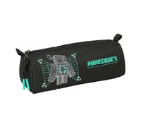 Safta - Minecraft Screen Rectangular School Pencil Case, Youth Pencil Case with 1 Compartment and Zip, Easy Opening Pull, Black Design with Turquoise Details, Back to School, Measures 21 x 7 x 8 cm