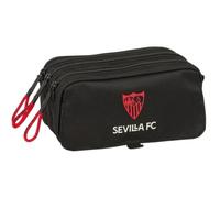 Safta - Sevilla FC Triple School Pencil Case, Youth Pencil Case with 3 Compartments and Zippers, Front Pocket, Back Strap Adaptable to Backpack Carrier, Black and Red, Measures 21.5 x 8 x 10 cm