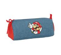Safta - Super Mario Rectangular School Pencil Case, Children's Pencil Case with 1 Compartment and Zip, Organizer for Pencils and Markers, Denim Blue and Red, Back to School, Measures 21 x 7 x 8 cm