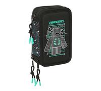 Safta - Triple Pencil Case Minecraft Screen 37 Pieces, School Pencil Case Organizer with 3 Compartments and Zip, Includes 16 Pencils, Measures 12.5 x 5.5 x 19.5 cm, School Pencil Case 3 Compartments