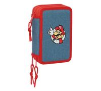 Safta - Triple Pencil Case Super Mario 37 Pieces, School Pencil Case with 3 Compartments and Zippers, Includes 16 Coloured Pencils, Measures 12.5 x 5.5 x 19.5 cm, School Pencil Case 3 Compartments