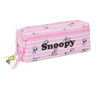 Safta - Triple Snoopy School Pencil Case with Elastic Rubber Back, 22 cm, Pencil Case Organizer with 3 Compartments and Zippers, Children and Youth, Pink Striped with Pendant, Measures 22 x 6 x 8.5 cm