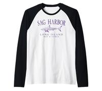 Sag Harbor Long Island NY Shark Arched Purple Letters Raglan Baseball Tee