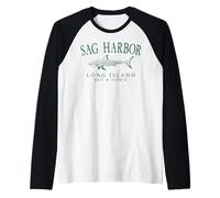 Sag Harbor Long Island NY Shark Fishing Dark Green Letters Raglan Baseball Tee