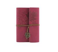 SagaSave A6 Vintage Leather Journal, Refillable Journal Notepad with Blank Brown Paper and Retro Leaf Pendant, Travel Diary, Gifts for Men Women [Rose Red]