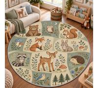 Sage Forest Friends Round Rug 210cm, Children's Washable Area Rug | Woodland Animal Patchwork Carpet, Soft Low Pile with TPR Backing for Nursery, Bedroom and Playroom