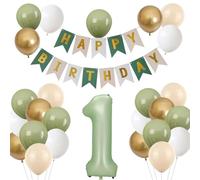 Sage Green 1st Birthday Decorations for Boy,First Birthday Balloon Garland Kit with Happy Birthday Banner,Olive Cream Metallic Gold Number 1 Balloon,1 Year Old Boy Birthday Party Decorations