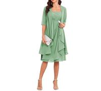 Sage Green 2 Pieces Mother of The Bride Dresses Knee Length Half Sleeve Chiffon Formal Dresses with Jacket for Wedding UK20