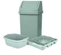 KetoPlastics Sage Green 3 Piece Kitchen Set - 50L Kitchen Bin 14L Rectangular Washing Up Bowl and Large Dish Drainer For Home Kitchen - Made in UK