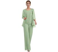 Sage Green 3 Pieces Chiffon Mother of The Bride Pant Suits Lace Appliques Formal Pantsuit for Wedding Guest - Women’s Mother of Groom Trouser Suits Outfits with Jacket Size UK12