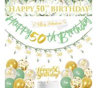 Sage Green 50th Birthday Party Decorations - Happy 50th Birthday Banner, Triangle Flag and Confetti Balloons