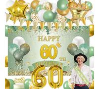 Sage Green 60th Birthday Party Decorations Kit - Happy 60th Birthday Banner, Balloon, Sash, Cake Topper