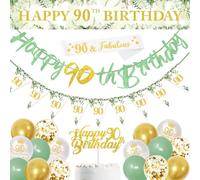Sage Green 90th Birthday Party Decorations - Happy Banner, Triangle Flag, and Confetti Balloons
