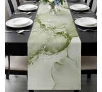Sage Green Abstract Table Runner 13x120 Inches Long Silver Marble Ripples Cotton Linen Table Runner Burlap Style for Dinner Table Party Decor Tabletop Decorations