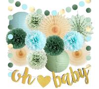 Sage Green and Blue Baby Shower Decorations Paper Lanterns Tissue Paper Pom Poms Olive Sage Green and Light Blue Baby Shower Decorations with Oh Baby Banner Gold for Baby Boys