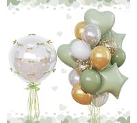 Sage Green and Gold Balloons Heart Star Balloon as Retro Olive Sage Green Baby Shower Decorations, Metallic Gold Confetti Balloons 18 inch Clear Foil Balloon as Anniversary Engagement Party Decor