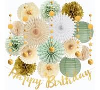 Sage Green and Gold Birthday Decorations for Women Girls Sage Green Gold Cream Paper Fans Pom Poms Happy Birthday Banner Gold Star Hanging Garland for Neutral Sage Green Birthday Party Decor