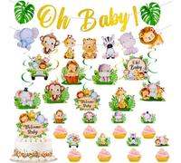 Sage Green and Gold Jungle Baby Shower Decorations Bulk-9 Jungle Animal Hanging Swirls,9 Welcome Cake Toppers,Oh Baby Animal Banner Gender Reveal Party Tableware Supplies for Guests Boy Girl Birthday